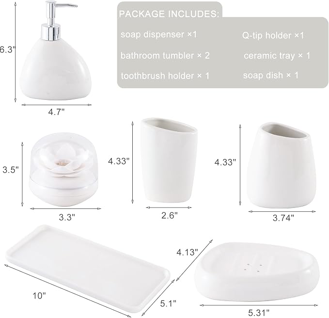 Ceramic Bathroom Accessory Set, 7 Pieces Countertop Accessories, Include Soap Dispenser, Toothbrush Holder, 2 Tumbler Cup, Soap Dish, Plastic Vanity Tray, Qtip Holder (White)