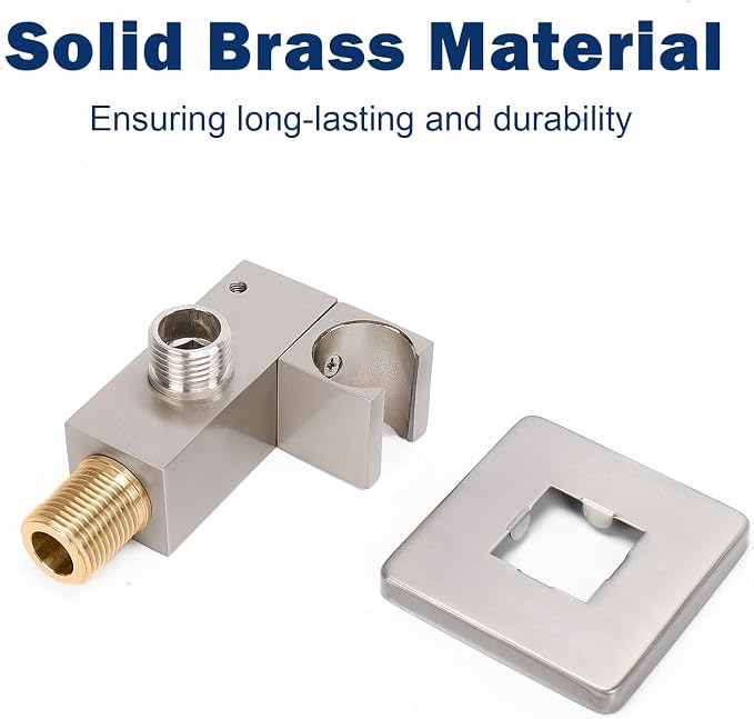 NearMoon Wall Supply Elbow with Handheld Shower Holder - Square Shower Bracket with Flange G1/2 Shower Hose Connector, Wall Mounted Drop Union Male Water Outlet (Brushed Nickel)