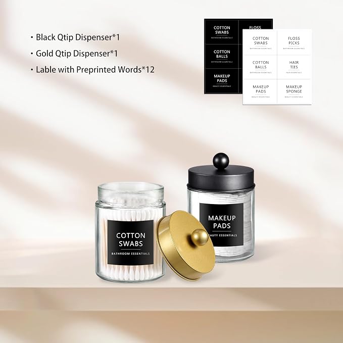 SheeChung 2 Pack Glass Qtip Holder with Black & Gold Stainless Steel Lids | Apothecary Jars with Stickers, Modern Farmhouse Bathroom Vanity Organizer for Cotton Swabs, Balls, Pads