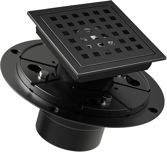 4 Inch Square Shower Drain Matte Black with Removable Quadrato Pattern Grate, SUS 304 Stainless Steel Floor Drain with Flange