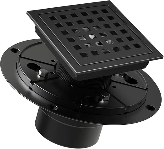 4 Inch Square Shower Drain Matte Black with Removable Quadrato Pattern Grate, SUS 304 Stainless Steel Floor Drain with Flange