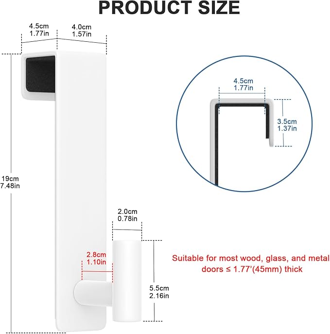 PMMASTO 2-Pack Over The Door Hooks - Rustproof Stainless Steel Door Hangers for 1-3/4 Inch Doors, Non-Marking and Tool-Free Easy Install (White, T Shape)