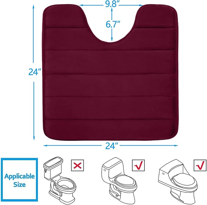 Buganda Memory Foam U-Shaped Toilet Rugs 24 x 24, Absorbent Bathroom mat | Burgundy, Thick Soft Machine Washable toilet mat for bathroom, Contour Bath Rugs Mat for Toilet Base