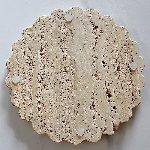Travertine Marble Tray Round Scalloped Tray Small Serving Platter for Counter, Bathroom, Kitchen, Nightstand, Jewelry Ring Dish Holder (Beige Travertine)