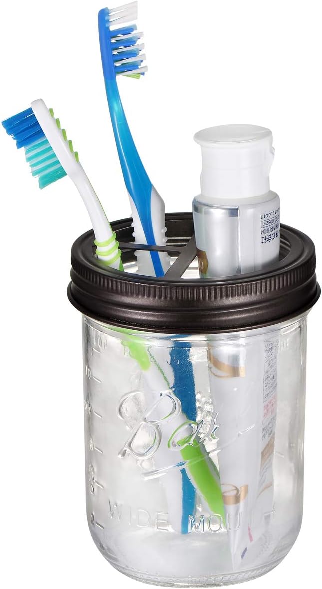 [Wide Mouth ONLY] SheeChung 2 Pack Mason Jar Toothbrush Holder Lid - Rustproof 304 Stainless Steel for Ball Mason Jar or Any Pint. Jar, Farmhouse Decor Bathroom Accessories Set - Bronze