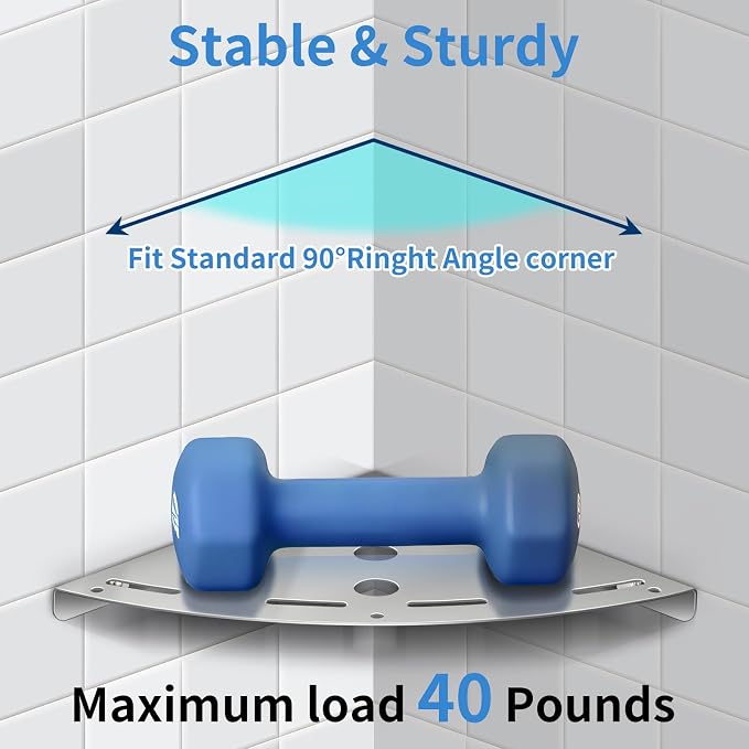 2 Pack Corner Shower Shelves, 304 Stainless Steel Corner Shelf Bathroom with 6 Hooks 40 lbs Heavy Duty, Durable for Inside Shower Brushed Nickel Drilling Installation (Silver)