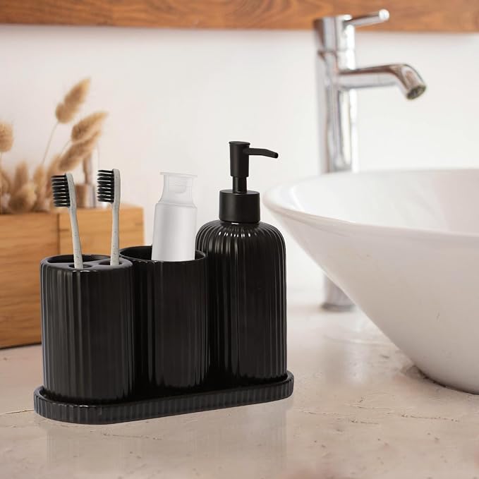Black Bathroom Accessories Set, 4PC Ceramic Bathroom Sets Complete-Toothbrush Holders, Soap Dispenser, Vanity Tray, Toothbrush Cup, Sleek Black Bathroom Decor, Housewarming Gifts