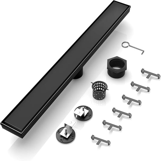 BARONAGE 24 Inch Linear Shower Drain, Reversible Tile Insert, Matte Black | 304 Stainless Steel Linear Drains, Rustproof, Hair Catcher, Rectangle Shower Floor Drain With Leveling Feet For Bathroom