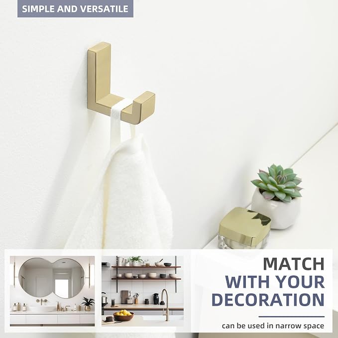 Angle Simple Towel Hook for Bathroom, SUS304 Stainless Steel Robe Coat Hook for Wall Mounted, Hand Towel Holder Brushed Gold