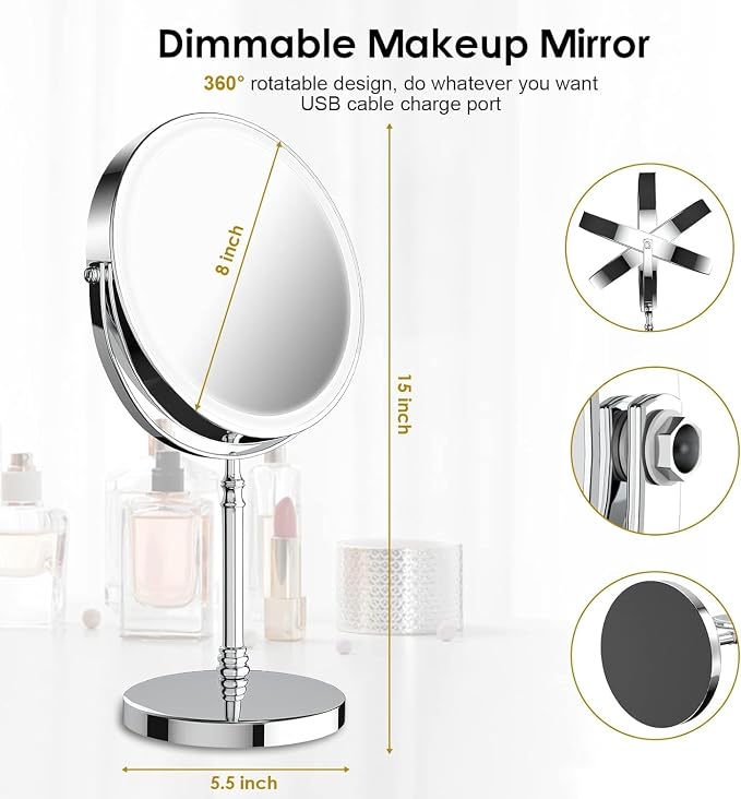 DEIOVWXS Makeup Mirror, Rechargeable Vanity Mirror with 3 Lights, 1X/10X | Adjustable Brightness, 3000mAh, Double-Sided, Gift for Mom, Women, Wife, Girls, Dorm Room Essential