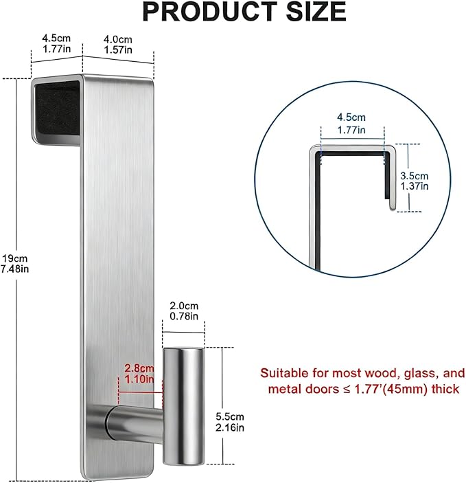 PMMASTO 2-Pack Over The Door Hooks - Rustproof Stainless Steel Door Hangers for 1-3/4 Inch Doors, Non-Marking and Tool-Free Easy Install (Silver, T Shape)