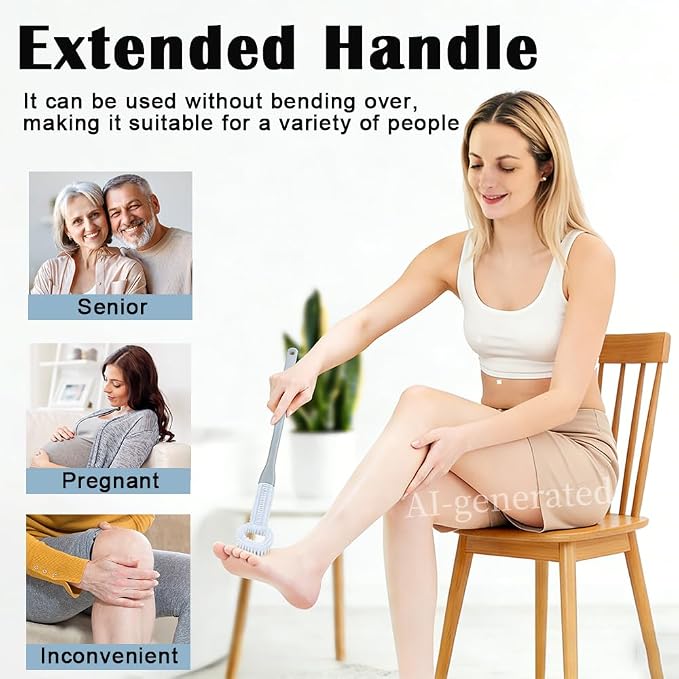 2 Pack Foot Brush in Shower, Extended Handle Foot Scrubber, Soft Rubber for Cleaning Dead Skin, Dense Foam Toe Cleaning with Hanging Storage,Scrub Brush for Senior, Pregnant, Men, Women(Blue)