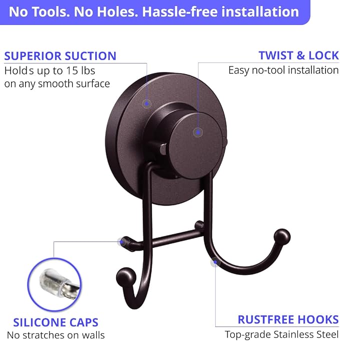 HOME SO Suction Cup Hooks for Shower & Bathroom Towel Holder 2-Pack – Suction Cups Hooks for Hanging Towels, Robes, & Coats - Tiles, Glass Door or Mirror – Shower and Towel Hooks - Bronze, Stainless