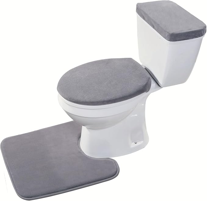 Madeals Velvet Toilet Lid Cover and Tank Lid Cover with Toilet Mat Memory Foam 3 Piece Toilet U Shaped Mat Set Grey