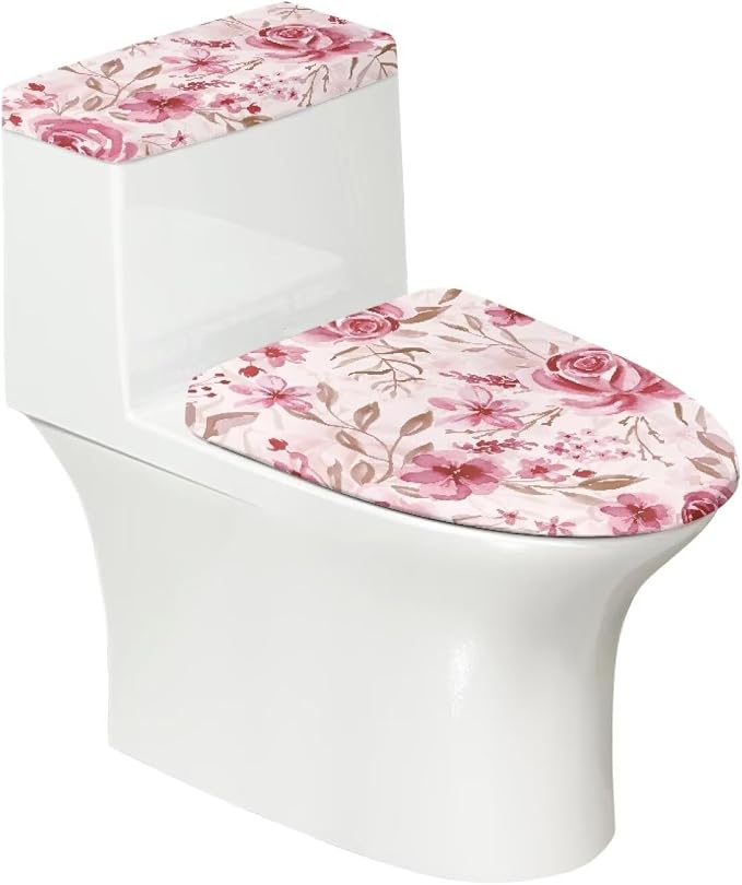 Pink Rose Toilet Tank Cover for Bathroom Romantic Toilet Lid Cover Set 2 Oval Bathroom Set for Valentine's Day