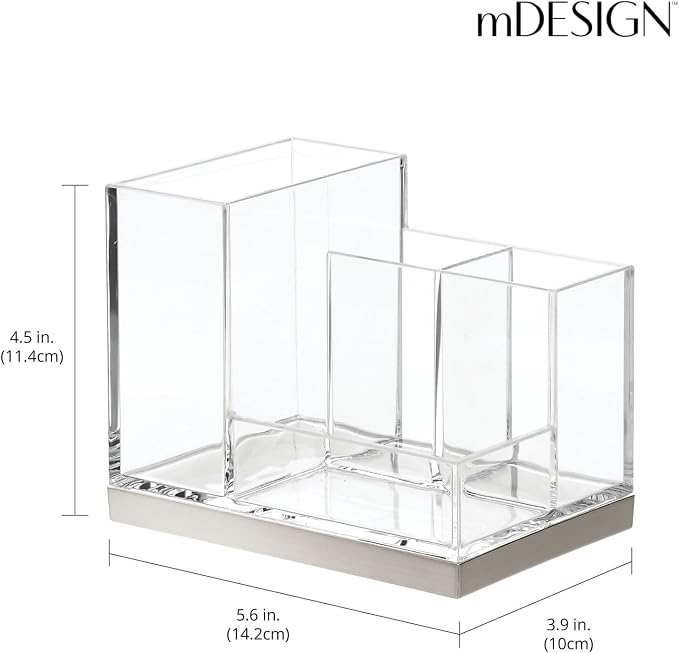 mDesign Plated Toothbrush and Toothpaste Holder, Storage Organizer Stand with 4 Compartments for Bathroom Countertop, Holders for Electric Toothbrush, Toothpaste, Hyde Collection, Clear/Brushed Chrome