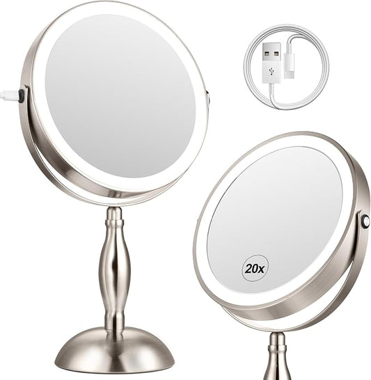 20x Magnifying Mirror with Light-Brushed Nickel | 5000mAh Lighted Makeup Mirror with 3 Color Modes and Adjustable Brightness, Side Charging & SideTouch Sensor, 360° Rotation