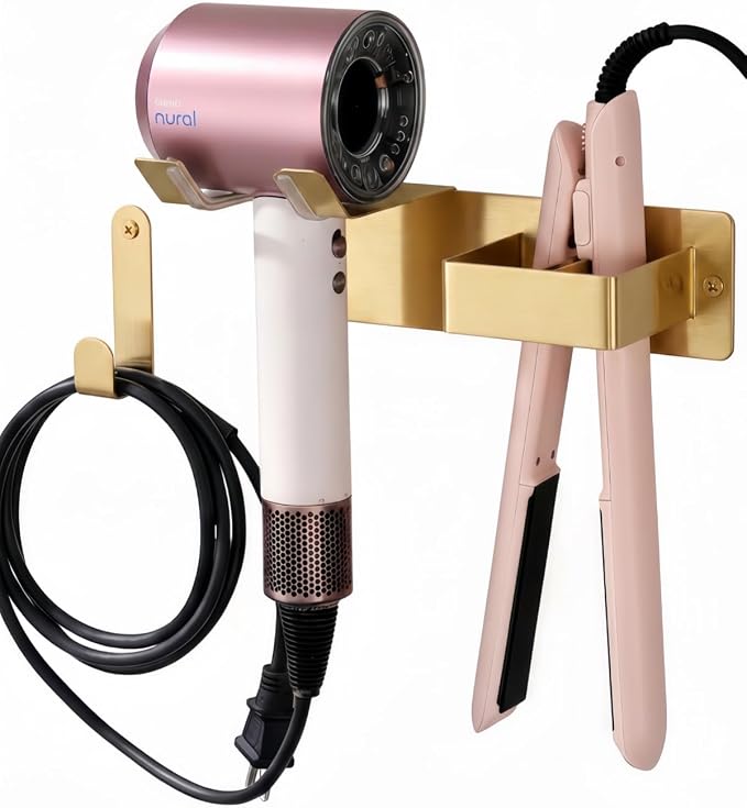 Hair Dryer and Straightener Holder, Hair Tool Organizer Wall Mount for Bathroom, Blow Dryer Holder Adhesive/Drilling HairDryer Stand, Stainless Steel Straightener Holder Gold UEMUSI