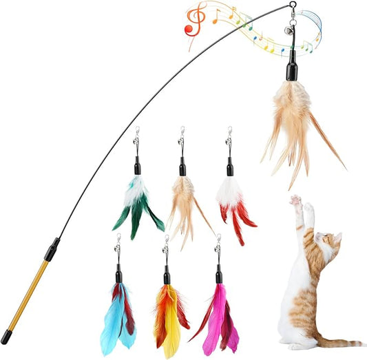 Pawaboo Cat Feather Wand Interactive Toy, 6 Feathers + 1 Wand with Bell | Cat Feather Teaser Toys Flying Catcher Extra Long 34.5" Wand Exerciser Playing Cat Toy Wands for Kitten, Multi-Color Blend