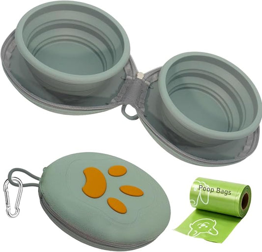 2-in-1 Collapsible Dog Travel Bowl Portable Silicone Carabiner | For Food and Water Use, Folds Flat for Compact Storage, Ideal for Pet Travel, Camping, Hiking, Road Trips and Daily Walks