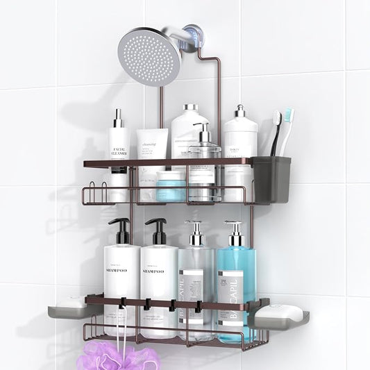 Hanging Shower Caddy Over Showerhead - Rustproof No Drill Shower Organizer | Includes Soap Holder and Hooks for Shampoo, Conditioner, and Bathroom Essentials with Quick Drainage Design