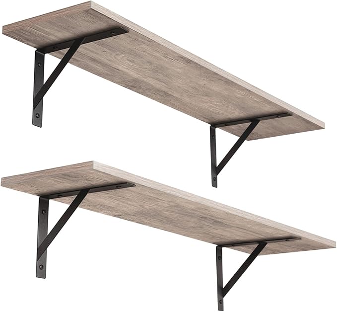 DINZI LVJ Wall Shelves, 23.6 x 7.9 x 6.1 Inch Floating Shelves for Wall, Set of 2, Easy-to-Install Wall Storage Ledges with Sturdy Metal Brackets for Living Room, Bathroom, Kitchen, Greige