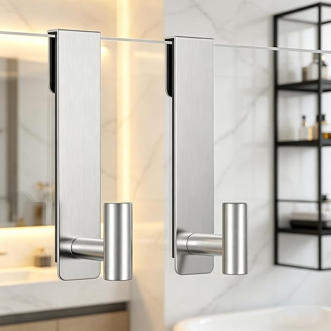 HUFEEOH Shower Towel Hooks, 7.5-Inch Extended Over Glass Shower Door Hanger for Towels & Robes, Rustproof Bathroom Towel Rack, 2-Pack (Silver, T Shape)
