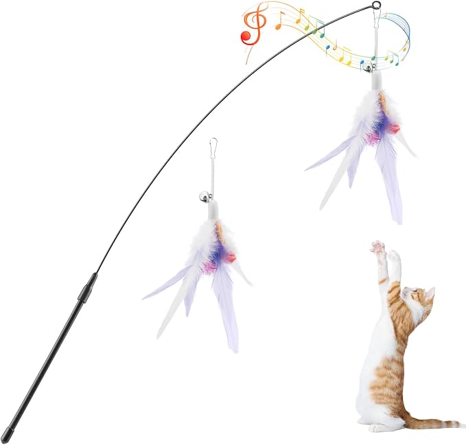Pawaboo Cat Feather Wand Interactive Toy, 2 Feathers + 1 Wand with Bell | Cat Feather Teaser Toys Flying Catcher Extra Long 34.5" Wand Exerciser Playing Chase Cat Toy Wands for Kitten, Purple