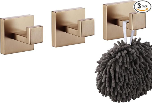 KOKOSIRI Robe Hooks for Wall Bathroom Towel Hooks Coat Hook Kitchen Garage Heavy Duty Wall Mounted Champagne Bronze Stainless Steel, 3 Pack B1010CPG-P3