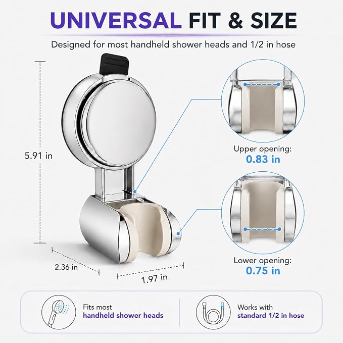 Suction Shower Head Holder, No Drill Handheld Shower Holder Wall Mount Adjustable Shower Wand Bracket with Vacuum Suction Cup Chrome, Removable Shower Head Holder for Smooth Wall