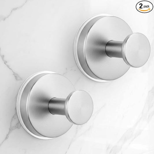 Large Suction Cup Hooks for Shower,Glass Window&Door,Mirror,Reusable Shower Hooks,No-Drill Removable Towel Hooks for Bathroom,2 Packs(Brushed Silver)