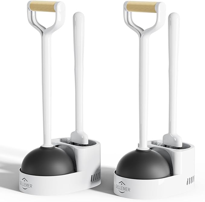 Sellemer Toilet Brush and Plunger Set, Curved Head Deep Clean, White 2 Pack | Brush and Plunger set, Curved Nylon Bristles for Deep Clean, Strong Suction Plunger, Ventilated Holder for Quickly Air Dry