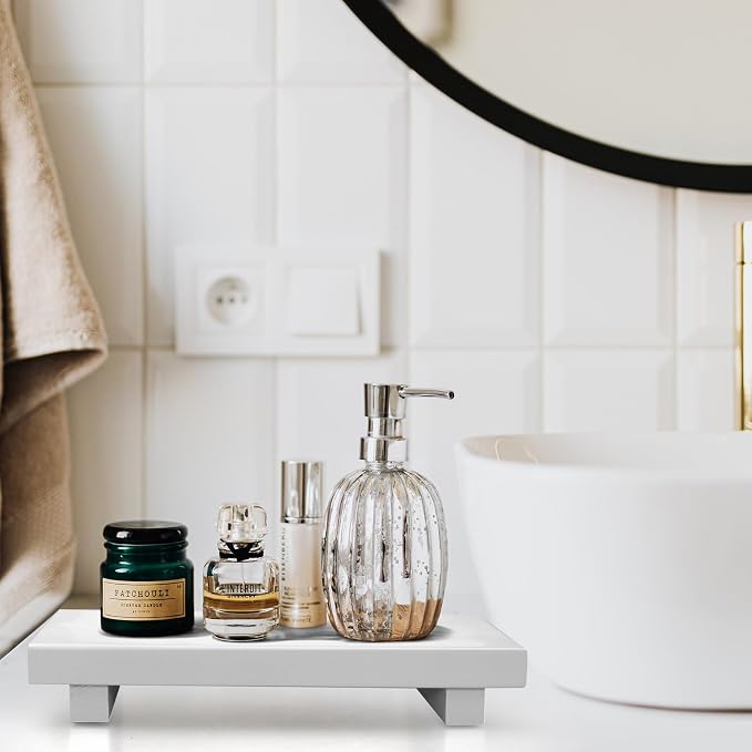 Farmhouse Bathroom Vanity Tray Wooden Kitchen Soap Sink Trays Modern Wood Riser Pedestal Stand Dish Soap Dispenser Holder for Kitchen Counter Decor White Bathroom Organizer Accessories Decorative Tray