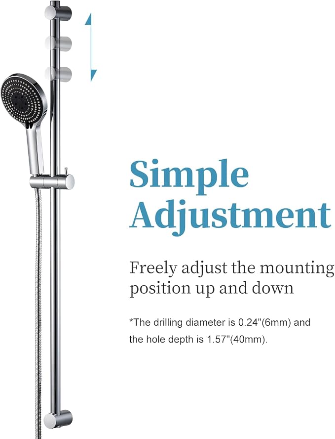 OFFO Shower Slide Bar Combo, Adjustable 40 in Slide Bar with 6-Mode High Pressure Handheld Shower Head and 60 in Stainless Steel Hose, Screw Wall Mounted, Chrome