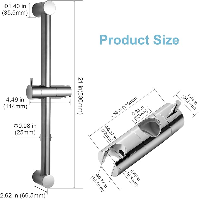 OFFO Shower Slide Bar 21" Adjustable Installation Distance 16-20" with 360° Adjustable Handheld Shower Head Holder for Bathroom, Screw Wall Mounted, Chrome Finish