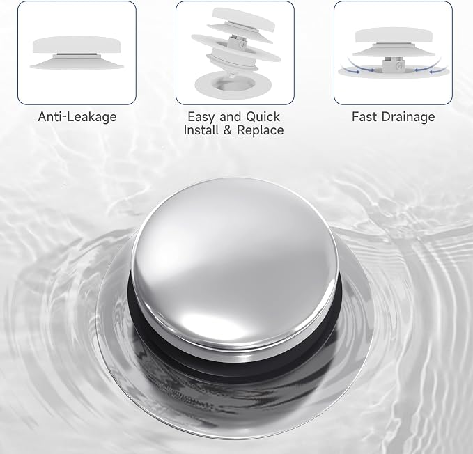 Chrome Plated Universal Tip Toe Tub Stopper and Water Stopper, Pop Up Bathtub Drains Plug, Bathroom Bath Tub Drain Stoppers, Replaces Lift and Turn, Tip-Toe and Trip Lever drains for Tub, EZ Install