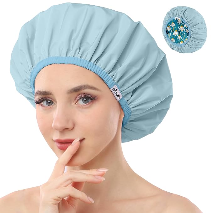 Years calm Shower Caps for Women Reusable Waterproof Double Layer Hair Cap | Both Sides Usable, Reversible Pattern & Solid Color Design, Soft Elastic Keeps Hair Dry for shower Spa Travel