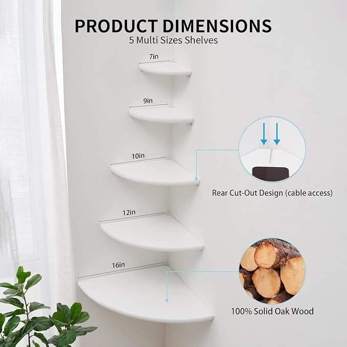 Gieanoo White Corner Wall Shelf 16inch Solid Oak Wood Floating Corner Shelf with Wire Hole Corner Wall Storage Display Shelves for Living Room Bedroom Bathroom Kitchen