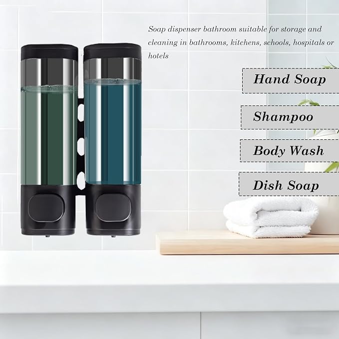 2-Chamber 10oz/300ML Black Plastic Hand Wall Mounted Soap Dispensers | Refillable Shampoo Conditioner Shower Dispenser No Drill, Clear Manual Pump Dispenser for Bathroom Hotel Kitchen