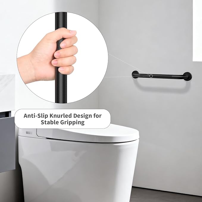Black Grab Bar 20 Inch, iHansee Anti-Slip Bathroom Grab Bar w/Knurled Grip, Stainless Steel Safety Handrail for Toilet Bathtub Shower, Wall Mounted Matte Black Handicap Bars Handle for Senior Elderly