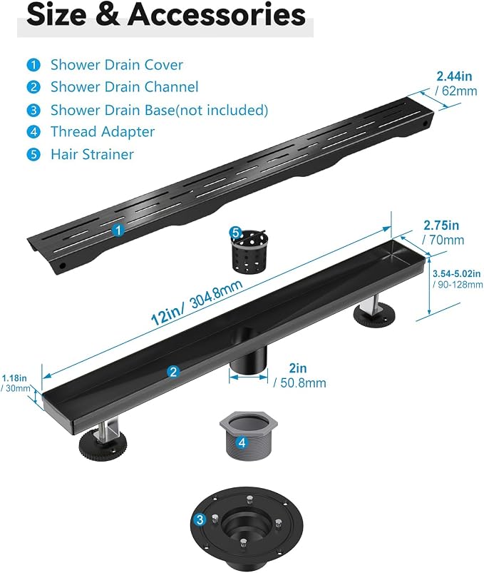 Shower Drain Stainless Steel for Bathroom: Black Linear Shower Drain 12 Inch with Removable Brick Pattern Grate - Adjustable Rectangular Shower Floor Drain with Hair Strainer (Matte Black)