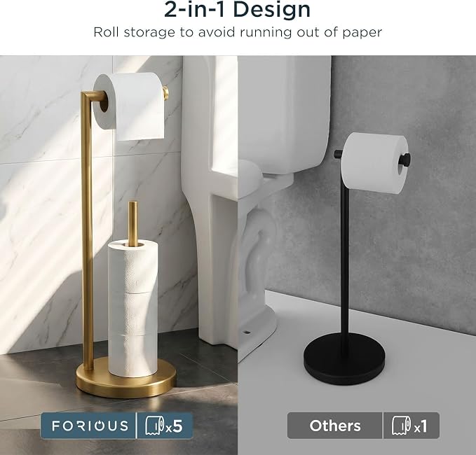 FORIOUS Toilet Paper Holder Stand with Storage for 4 Rolls, Brushed Gold | Modern Freestanding SUS 304 Stainless Steel Bathroom Tissue Roll Organizer with Heavy Anti-Slip Weighted Base