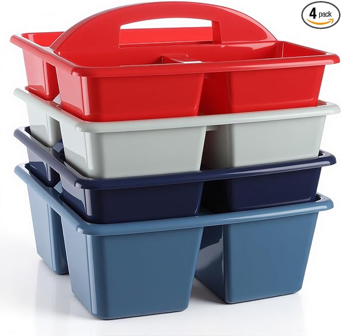 Kathfly 4 Pack Classroom Caddy Organizer with Handle, Plastic Art Craft Cleaning Caddy Bulk, Small Multipurpose Supply Organization Storage Basket for Table Desk Office Pencil Teacher (Blue Red)