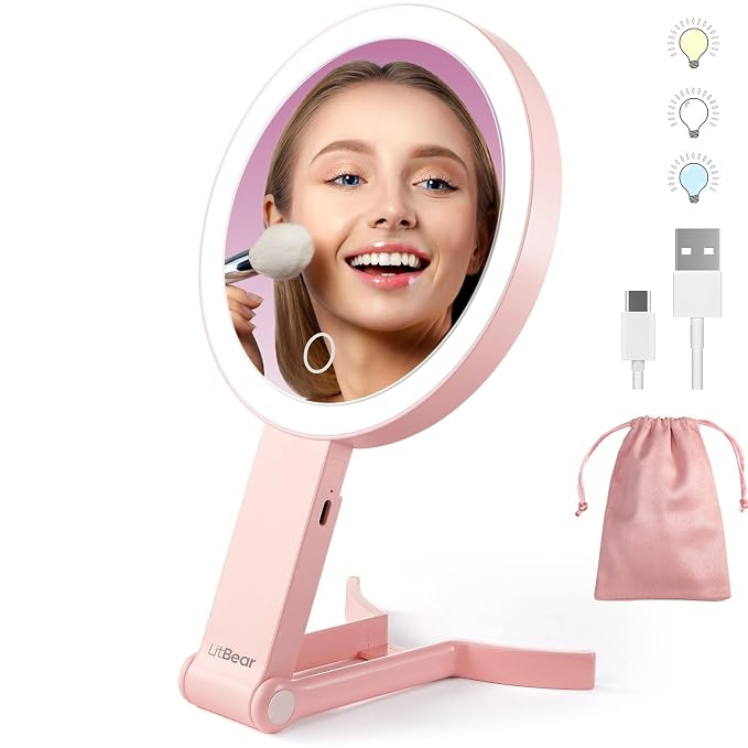 LitBear Travel Makeup Mirror with Lights, Rechargeable Double-Sided 10X/1X Magnifying Mirror, Portable Lighted Beauty Mirror, 3 Color Lighting, Dimmable Touch Screen, Tabletop Handhold Hanging (Pink)