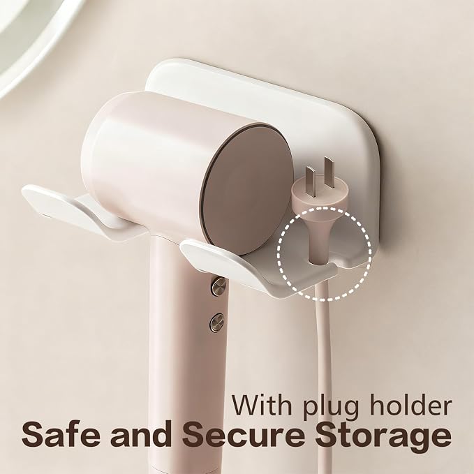 Universal Hair Dryer Holder Wall Mount -2PCS Adhesive Blow Dryer Holder With Plug Slot Organizer Hanger for Bathroom Cabinet Storage, Fits Most Hair Dryers, White