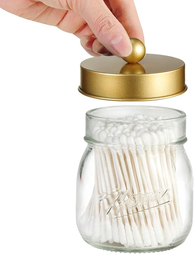 SheeChung Small Glass Mason Jar Qtip Holder with Gold Stainless Steel Lid | Clear Apothecary Jar Canisters Set,Bathroom Jar Dispenser,Vanity Storage Organizer for Cotton Swab,Ball,Floss,Farmhouse Decor