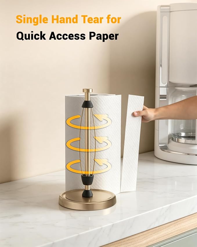 Paper Towel Holder Countertop, Gold Kitchen Accessories Decor, Stainless Steel, Weighted Base, Warm Gold, Paper Towel Roll Holder Stand with Ratchet Mechanism for Kitchen Bathroom Farmhouse Essentials