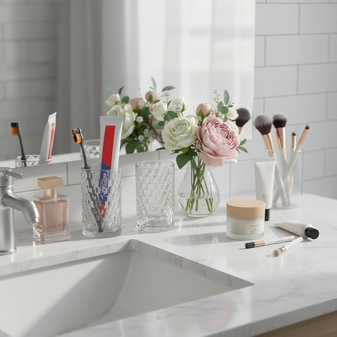 Bathroom Toothbrush Holder Set, 11oz Clear Glass Toothbrush Holder and Bathroom Tumbler Cup Set, Decorative Countertop Storage Cups Organizer for Toothpaste, Brushes