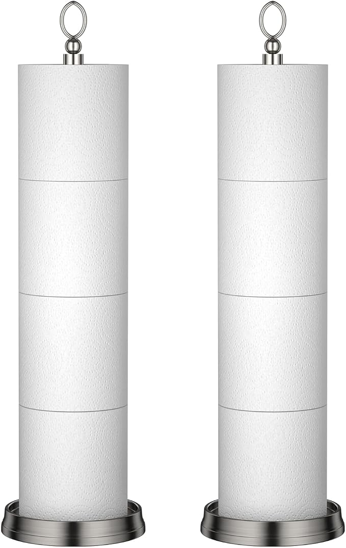 ROLABAM Toilet Paper Holder Stand with Reserve Function, Free Standing Toilet Paper Holder for Bathroom, Toilet Paper Stand with Reserve for 4 Rolls 22.5" Height (2 Pack, Brushed Nickel)
