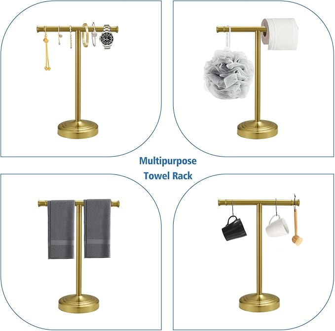 RUMOSE 13 Inch Brushed Gold Towel Stand Hand Towel Holder Bathroom Kitchen Vanity Countertop T-Shape Towel Rack Free Standing Stainless Steel Towel Bar Towel Ring